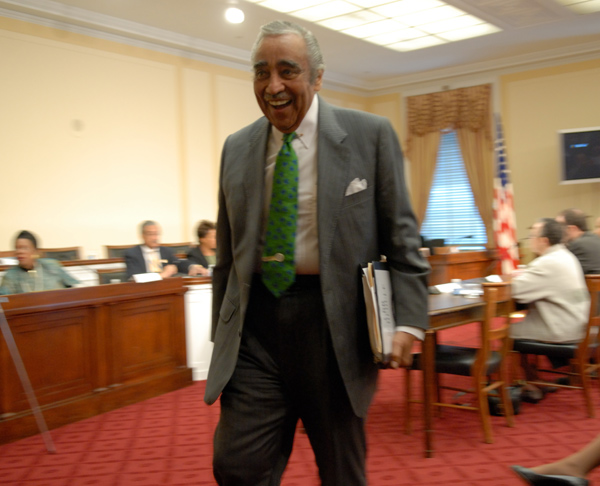 U.S. Rep. Charles Rangel of Harlem walks through a hearing room where the Congressional Black Caucus received testimony on black joblessness.