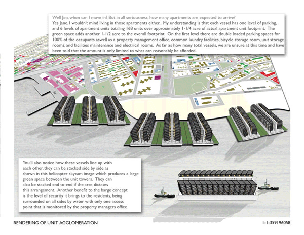 Many of the designs used New York’s extensive waterways to quickly deploy high-density residential units while keeping city streets clear for other reconstruction efforts. Selected as one of 10 finalists, Mobile Emergency Relief Ports are floating apartment buildings stationed on barges on rivers and bays around the city. They would be self-sufficient, with water purification and waste containment chambers, and instantly deployable. By Matthew Francke and Katya Hristova of Massachusetts.