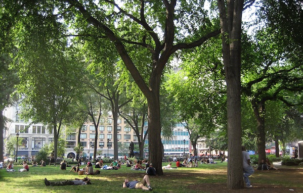 Union Square Park, one of two where Parks officers issued summonses to artists last week despite a court ruling blocking such enforcement. Those summonses were rescinded, but there are claims that other citations have been issued since.