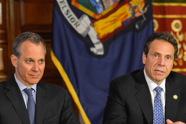 Attorney General Eric Schneiderman, left, is charged with monitoring a Code of Conduct imposed on 25 pension investment funds as part of then-AG Andrew Cuomo's reaction to the 2010 Alan Hevesi scandal.