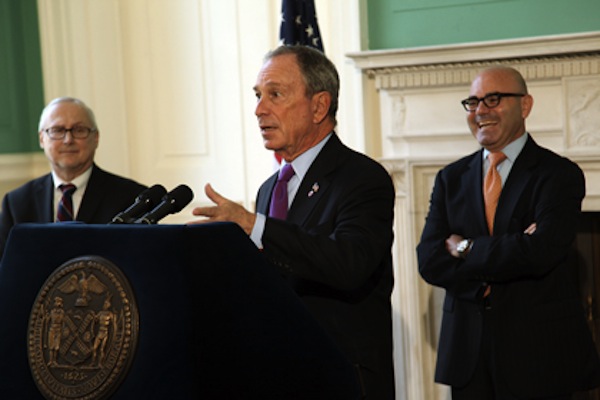 Former ACS head John Mattingly, Mayor Bloomberg and new child welfare chief Ronald Richter at the July press conference announcing the agency's leadership change.