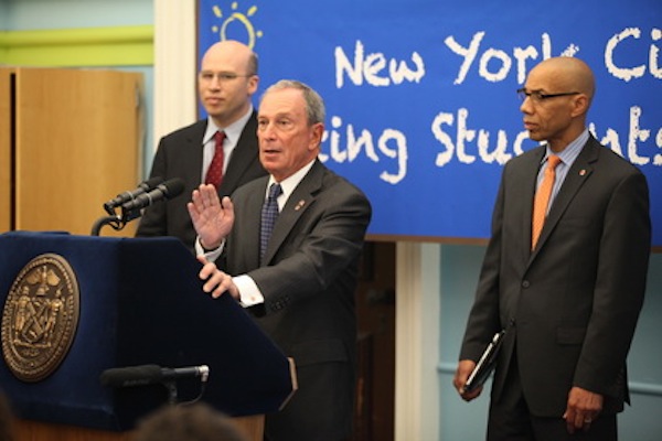 Chief Academic Officer Shael Polakow Suransky, Mayor Bloomberg and Chancellor Dennis Walcott discussing state test scores earlier this year.