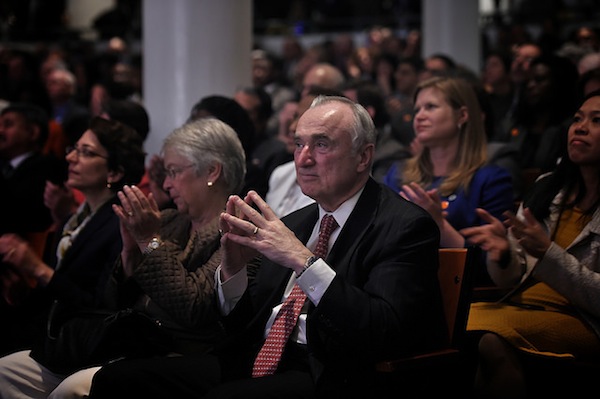 Police Commissioner Bill Bratton in the audience as Mayor Bill de Blasio delivers his 100 Day Speech at Cooper Union on Thursday, April 10, 2014.