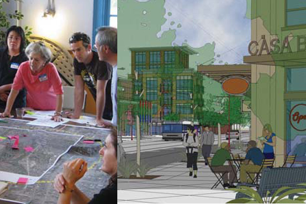 Seattle's North Beacon Hill neighborhood is one of several areas of the city to produce action plans. At left, a community meeting to develop the plan. At right, an image from the document the meetings produced.
