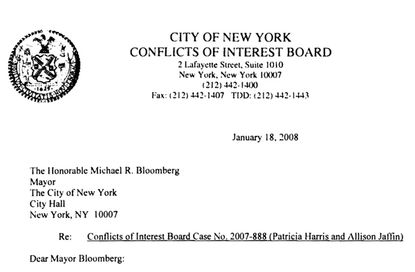 A letter from the Conflict of Interest Board to Mayor Bloomberg allowing two members of his staff to use city offices to administer one of the mayor's private philanthropic ventures. While the COIB issues hundreds of these public waiver letters each year, hundreds of other ethics decisions are kept confidential so as to encourage public officials to seek the board's advice.