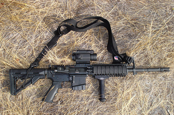 An AR-15-style rifle. Different companies make distinct versions of the weapon, the best known of which is the Colt M-16—which is only made for military use.