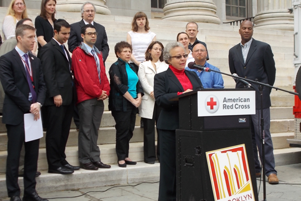 BCF President Marilyn Gelber announces the Red Cross grant outside Brooklyn's Borough Ball.