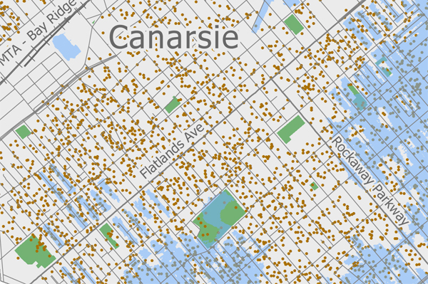 A map prepared by the Center for New York City Neighborhoods. the dots are households that, over the past three years, have received pre-foreclosure notices. The blue shows the reach of Sandy floodwaters.