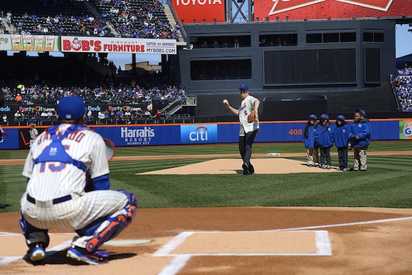 May de Blasio chucks the first pitch at Opening Day at CitiField.