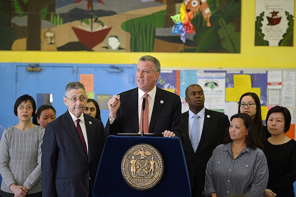 Mayor de Blasio and Assembly Speaker Sheldon Silver visit PS1 in Chinatown.