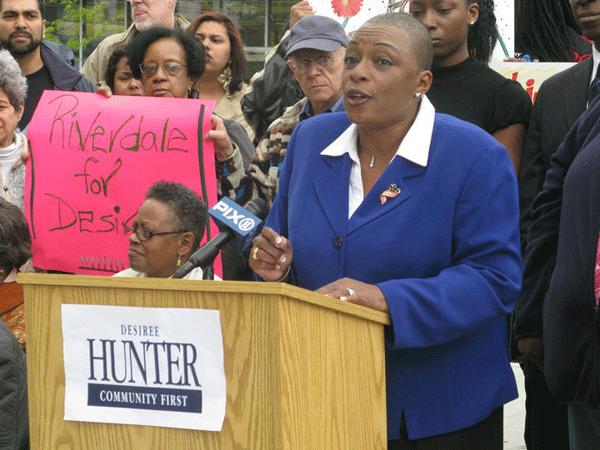 Desiree Pilgrim-Hunter, a veteran Bronx activist, announces her candidacy for Sen. Pedro Espada's seat on April 17.