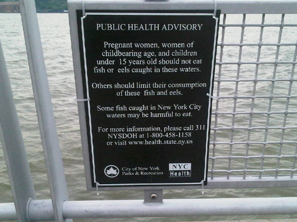 A sign along the Hudson River bears the warning.