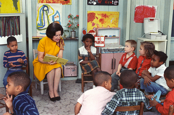 Lady Bird Johnson, the first lady, visiting a Head Start classroom in 1966.