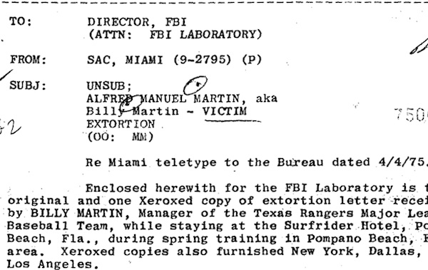 An image from former Yankees manager Billy Martin's FBI file.