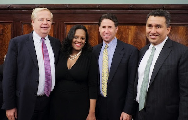Councilwoman Julissa Ferreras flanked by Charles  J.  O'Byrne of the Related Companies at left and Mets chief operating officer Jeff Wilpon with Related's Glenn Goldstein on the left shortly after the Council approved the redevelopment plan.
