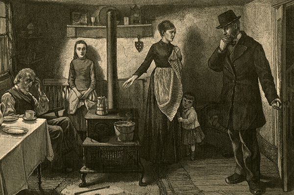 Collecting rent on the Lower East Side. A visitor, probably a landlord in search of rent, enters a family's tenement. Many families were forced to break up when a primary wage earner became too sick to work.