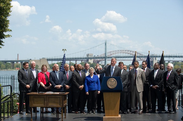 Mayor de Blasio hosts big-city mayors from around the country at Gracie Mansion in August.