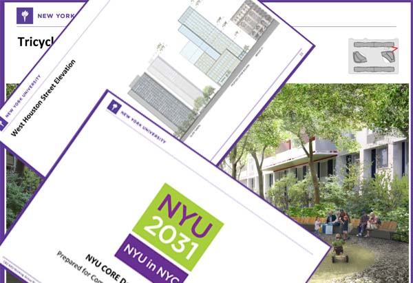 Pages from an NYU project overview filed with Manhattan Community Board 2. To see the actual document, click <a href=