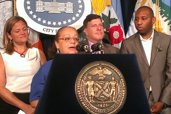 Agnes Rivera, Member-Leader of Community Voices Heard, at the City Council Press Conference on the Expansion of PBNYC to 22 Districts. She's joined by, from left to right, Council Speaker Melissa Mark-Viverito, Councilmember Mark Weprin and Councilmember Donovan Richards.