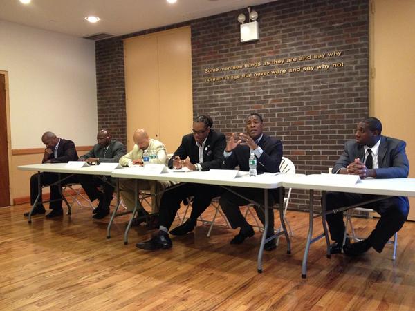 Candidates for the 36th Council District at a recent forum. From left to right, they are Reginald Swiney, Robert Waterman, Kirsten John Foy, Robert E. Cornegy Jr., Conrad Tillard and Akiel Taylor.