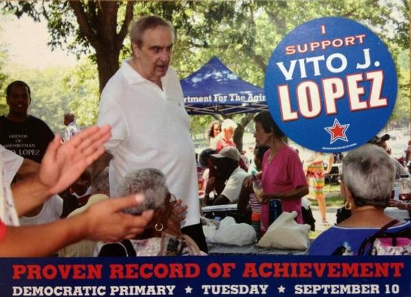 A flyer from Vito Lopez' failed comeback attempt this fall, which saw the former assemblyman and one-time Democratic chair lose a primary race for an open Council seat—one being vacated by a former aide turned rival.