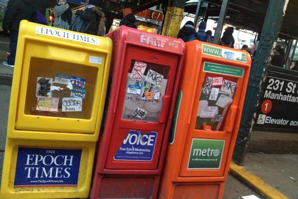 Metro and Village Voice have a few news racks in the Bronx, like these on Broadway and W. 231st St., where the 1-train heads to Manhattan. But these, amNewYork and other city papers are barely distributed in the borough.