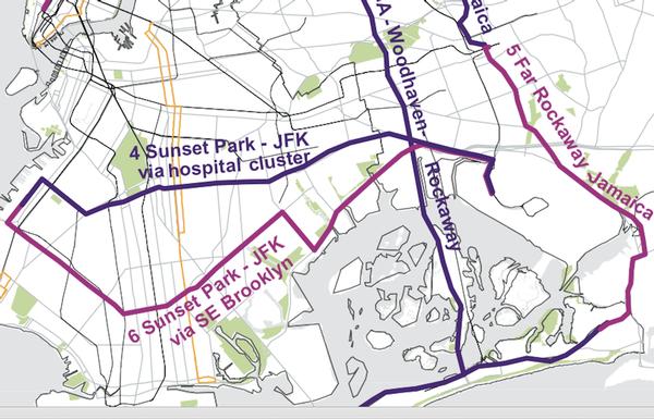 Oen proposed route would go from Sunset Park to JFK through southeast Brooklyn neighborhoods cutting a 90-minute best-case transit route to 75 minutes.
