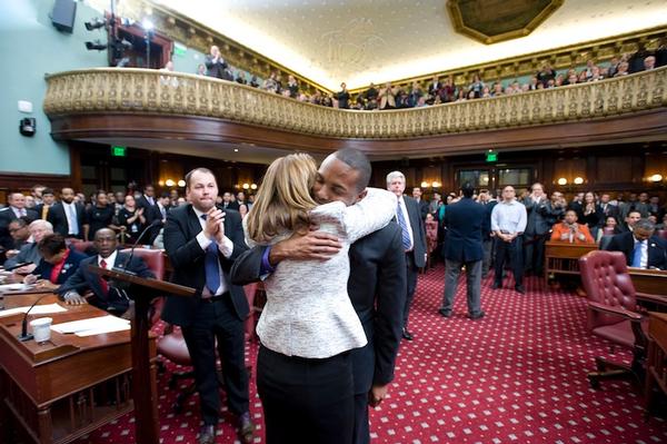 New Bronx Councilmember Ritchie Torres embraces Melissa Mark-Viverito, whose district lies mostly in the Bronx, after her election as speaker. They are the only members of the Progressive Caucus with districts that cover Bronx territory.