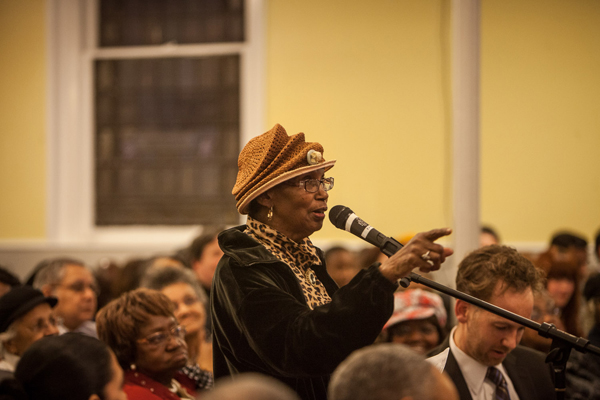 Blanche Romey, a leader from St. Thomas Episcopal Church, speaks during a Mayoral Candidates Forum at the First Presbyterian Church in Jamaica Queens.