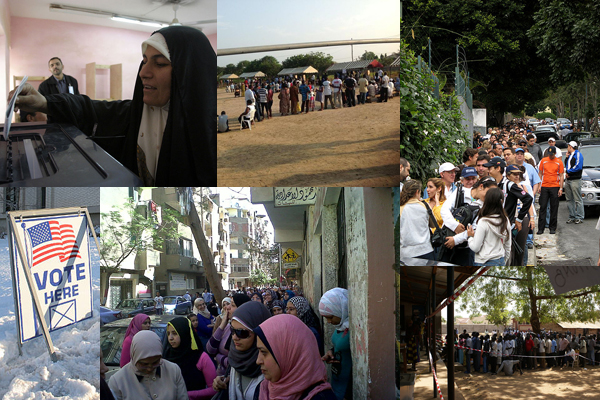 Voting scenes from Iraq, Ghana, Venezuela, South Sudan, Egypt and Utah.